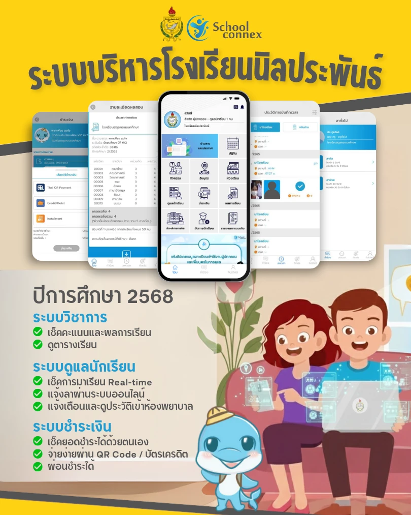 โปสเตอร์สรุประบบบริหารโรงเรียนนิลประพันธ์บน School Connex ปีการศึกษา 2568 ครบทั้งระบบวิชาการ ดูแลนักเรียน และชำระเงิน